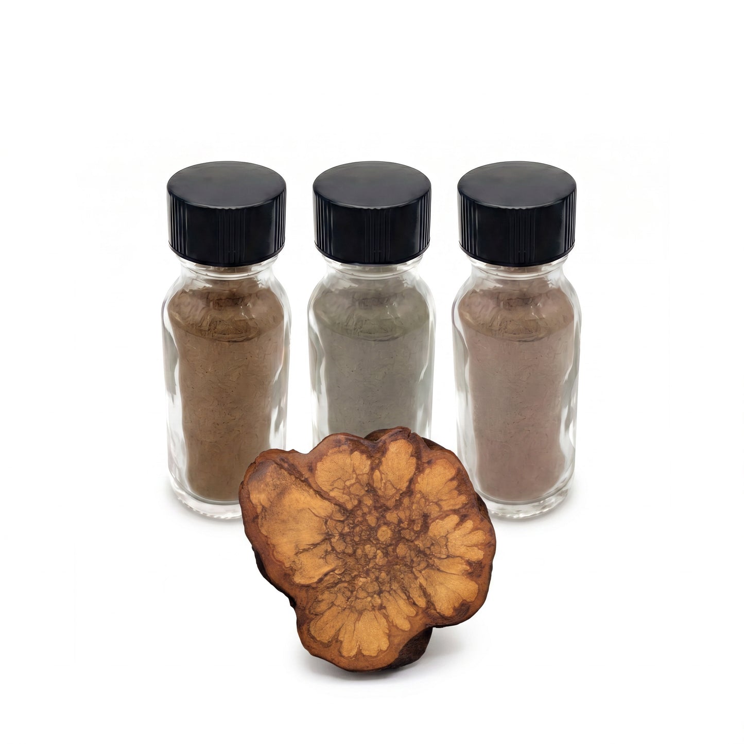 Three Pillars hapé bundle — Tsunu Forte, Caapi Cipó and Bobinsana rapé bottles with an ayahuasca vine slice